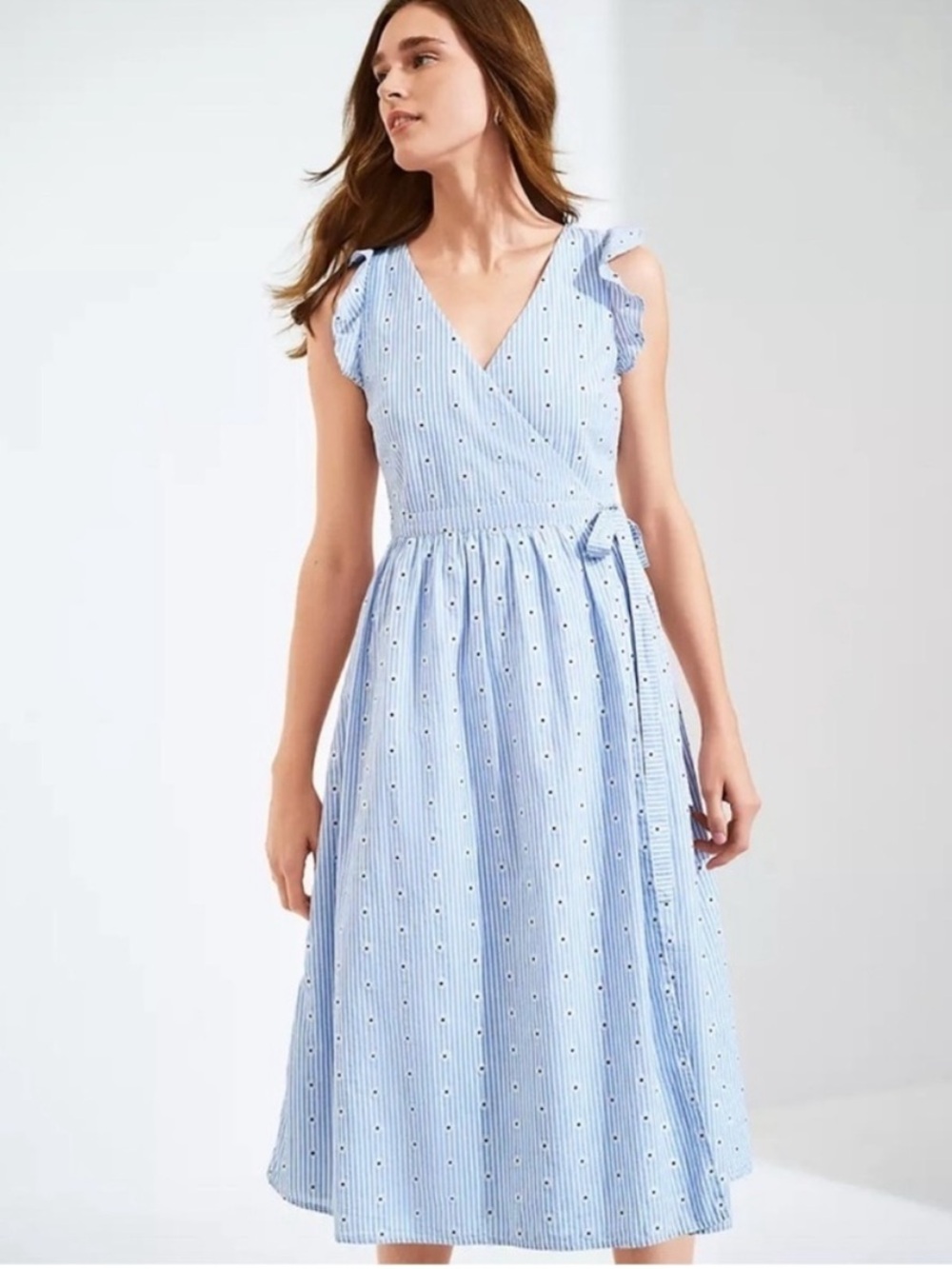 LOFT Light Blue Striped Wrap Midi Daisy Dress